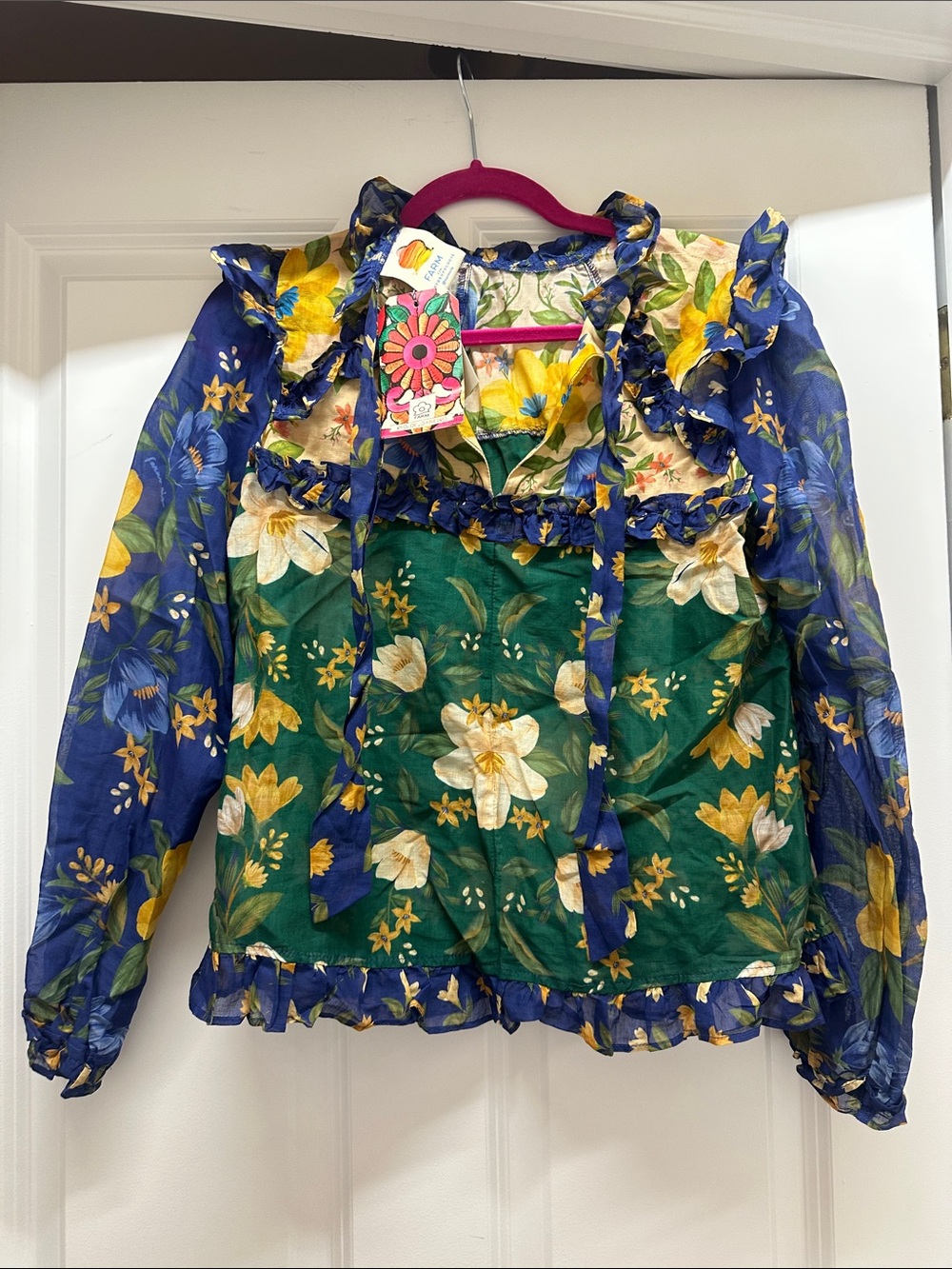 Farm Rio NWT - Floral Ruffle blouse - Green & Blue - sz xs